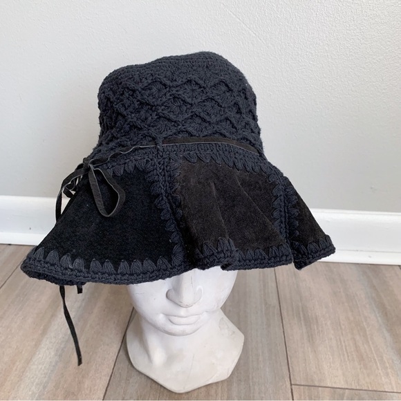 Vtg 90s Y2K genuine suede leather cotton patchwork crocket floppy bucket hat - Picture 1 of 3